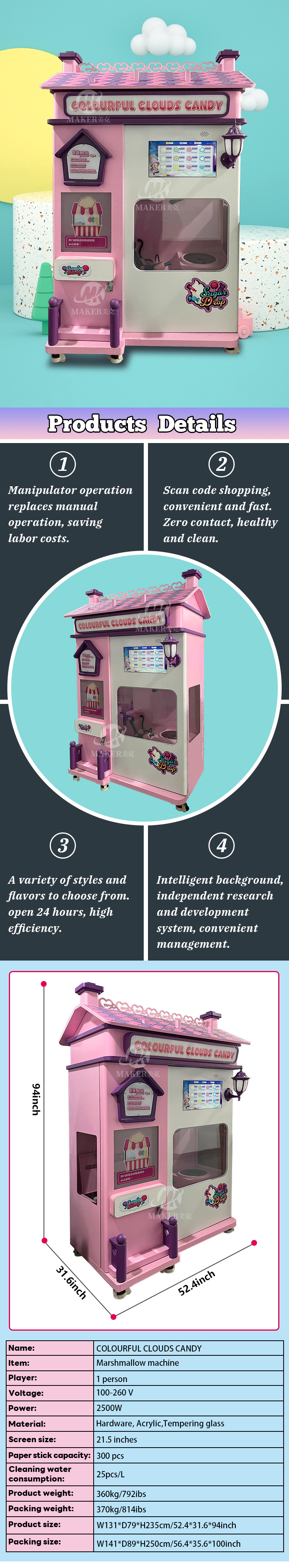 Automatic Pink Cotton Candy Vending Machine Dispensing Method 100-260V