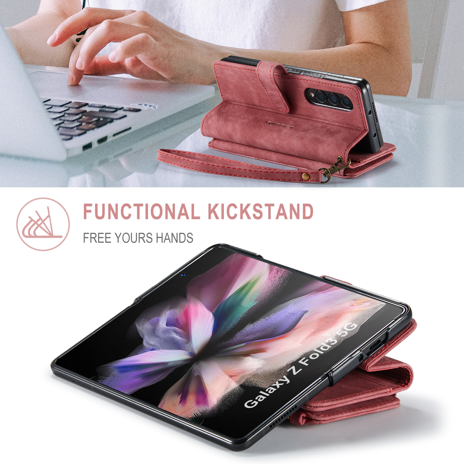Vintage Card Wallet Phone Case For IPhone 14 Pro Max And Samsung Z Fold 5 In Red Leather