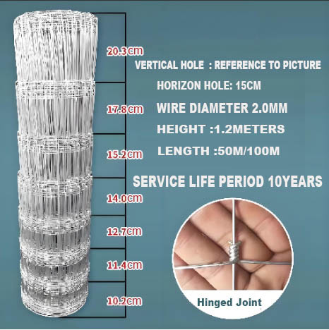 Hot Dipped Galvanized Cattle Fence Roll 6ft High Hinged Knot Farm Mesh