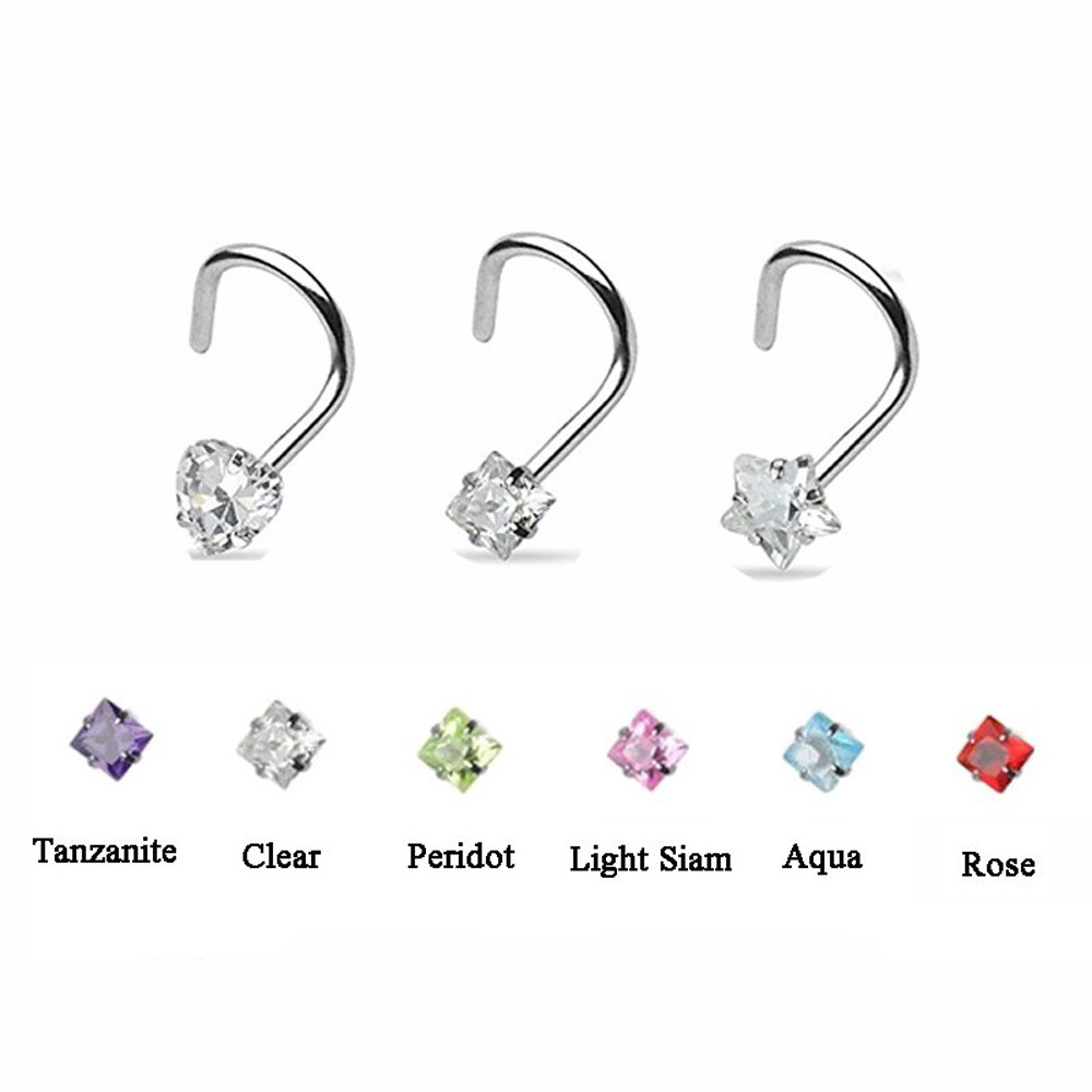Prong Set Zircon Nose Screw Rings Piercing Nose Studs Body Jewelry 20g Star&Heart&Square