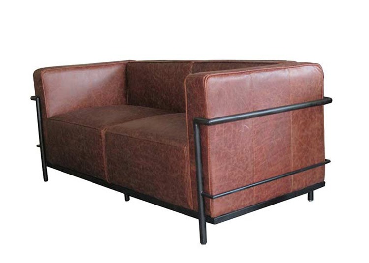 Green Leather 3 Seater Sofa Vintage Leather Sofa With Tube Iron Frame
