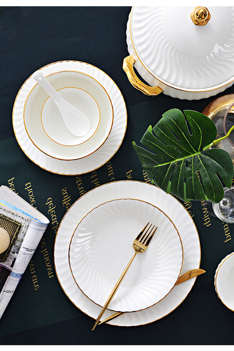 Gold line White Bone china embossed tableware Wedding Ceramic charger plate Dinner plate dish bowl mug coffee cup freely