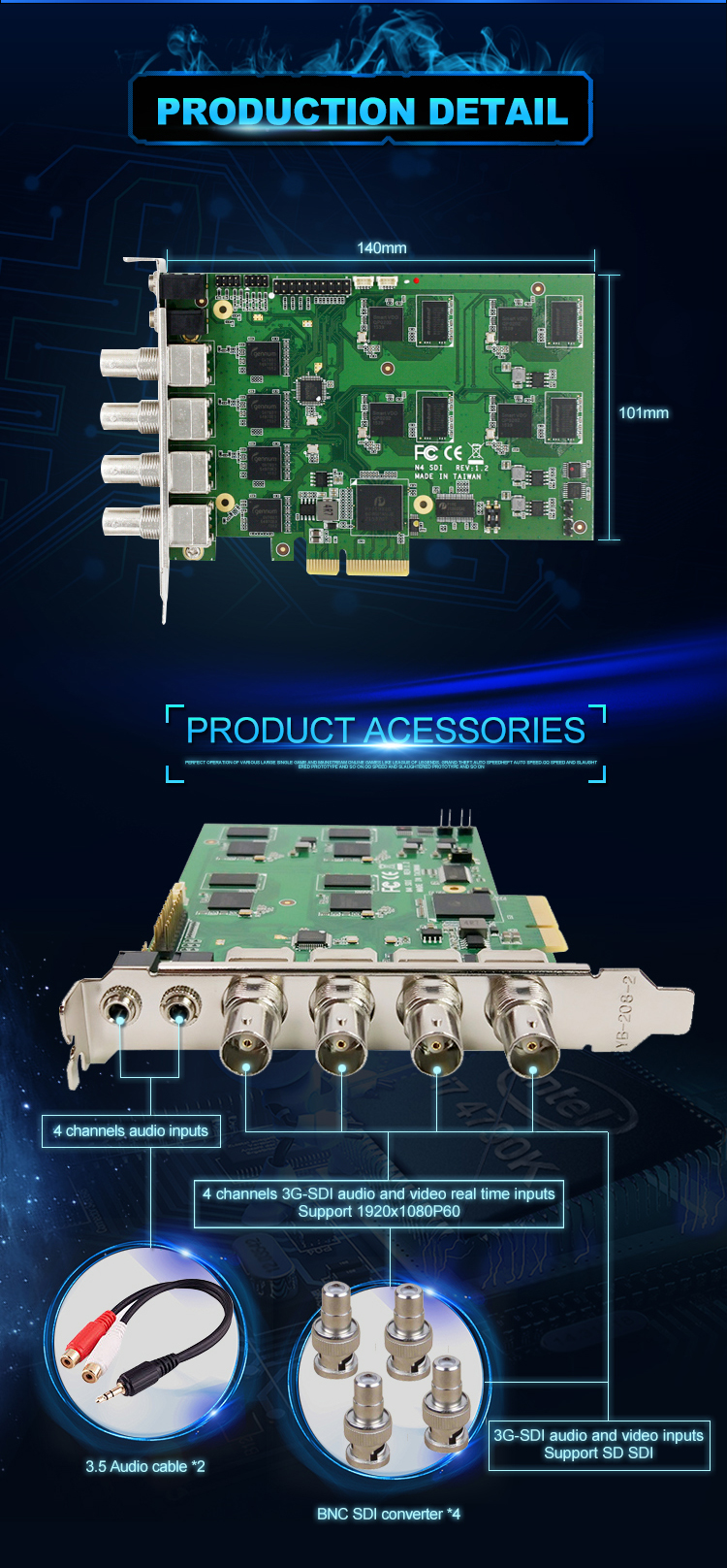 PCIe 4U H.264 SDI Video Capture Card 1920×1080p Linux System Support