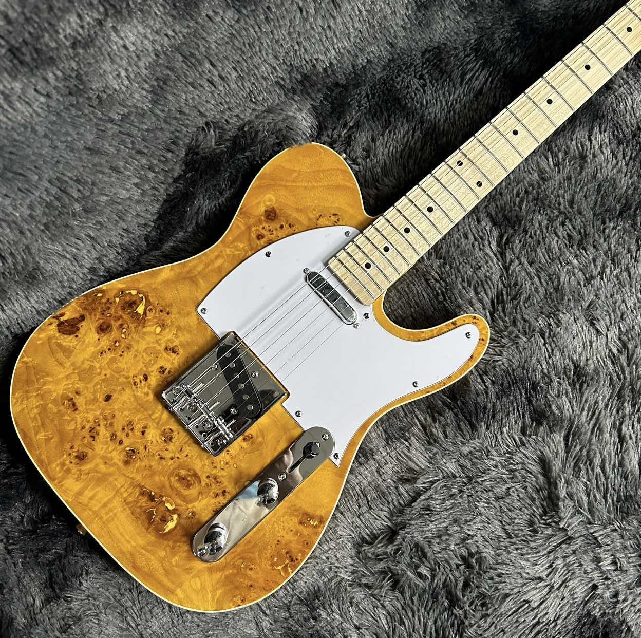 Tele Electric Guitar, Burl Maple Top, Yellow Color, Mahogany Body, Maple Fingerboard, Single Binding