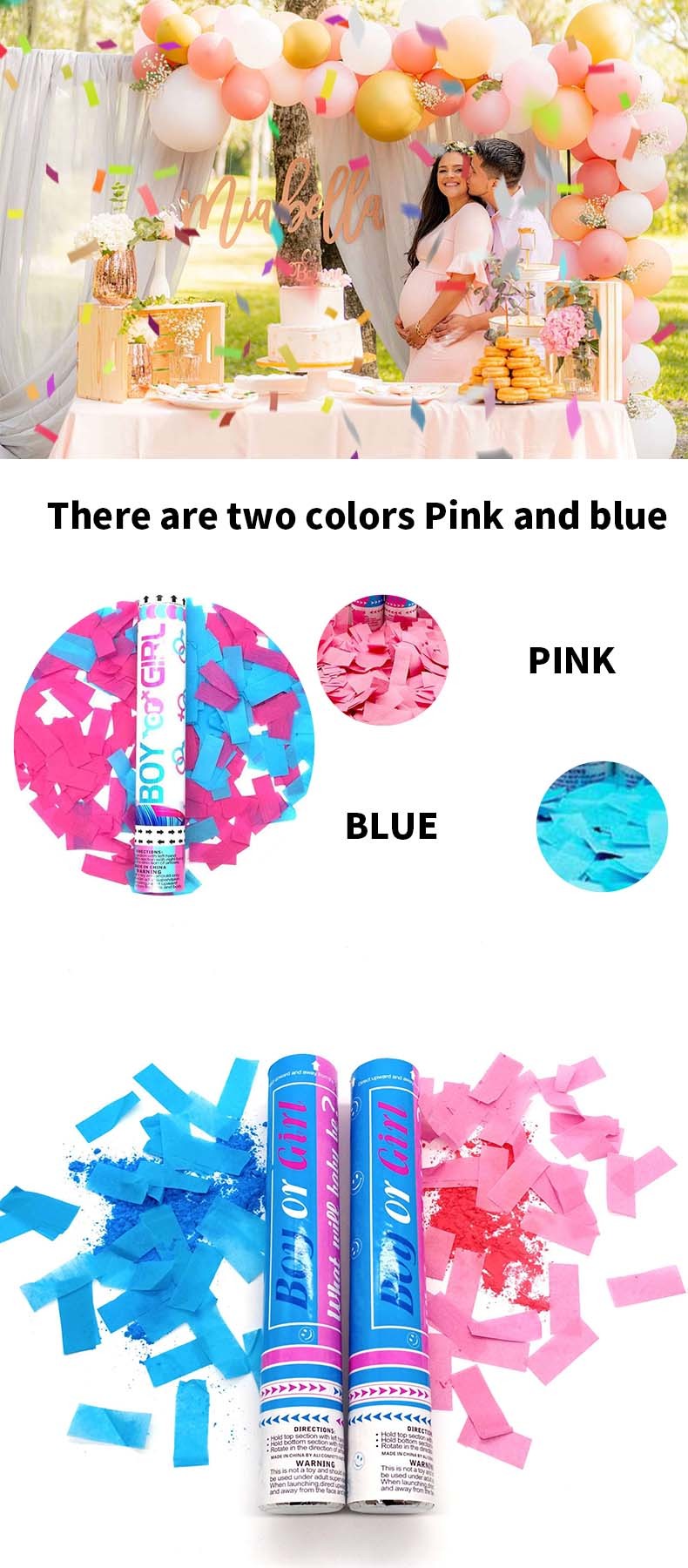 Gender Reveal Party Confetti Cannon Biodegradable Air Compressed Popper in Blue and Pink