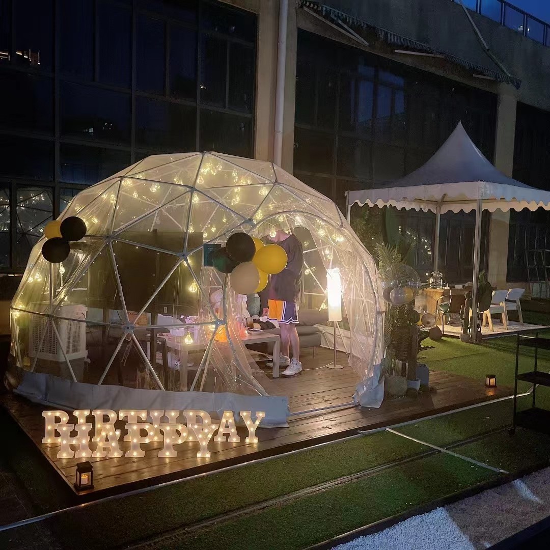 Steel Frame Coffee Geodesic Dome Tent Clear PVC For Restaurant