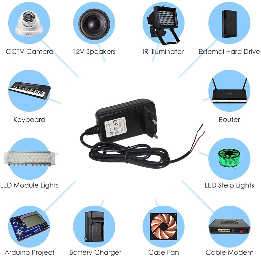 Ac 12 Volt Adaptor To Wall Plug 12V 2A Dc Adapter Replacement Power Supply Stripped End