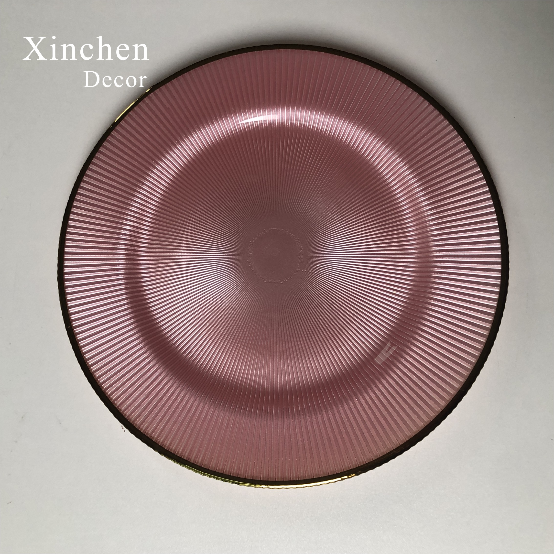 Glass Charger Plates Wedding Luxury Golden Edge Pink Stripe Rounded