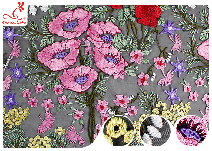 Multi Colored Floral Heavy Embroidered Lace Fabric For Evening Dress OEM
