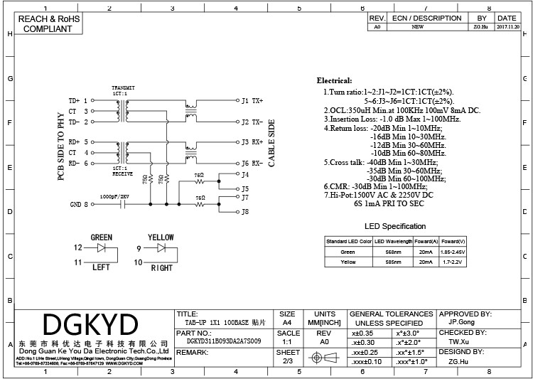 DGKYD311B093DA2A7S009 Network filter SMD 25.4mm thin RJ45 100M integrated transformer 8P8C