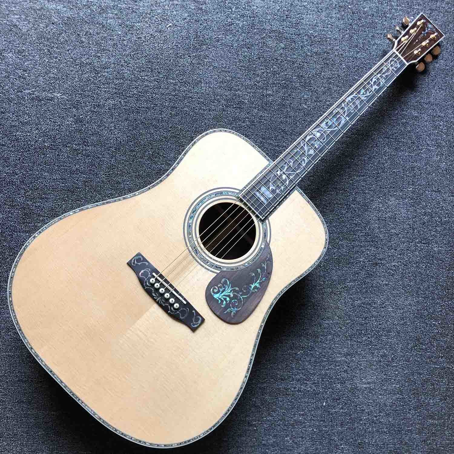 Custom Deluxe Real Abalone Binding Ebony Fingerboard Rosewood Back Side Solid Spruce Wood Acoustic Guitar