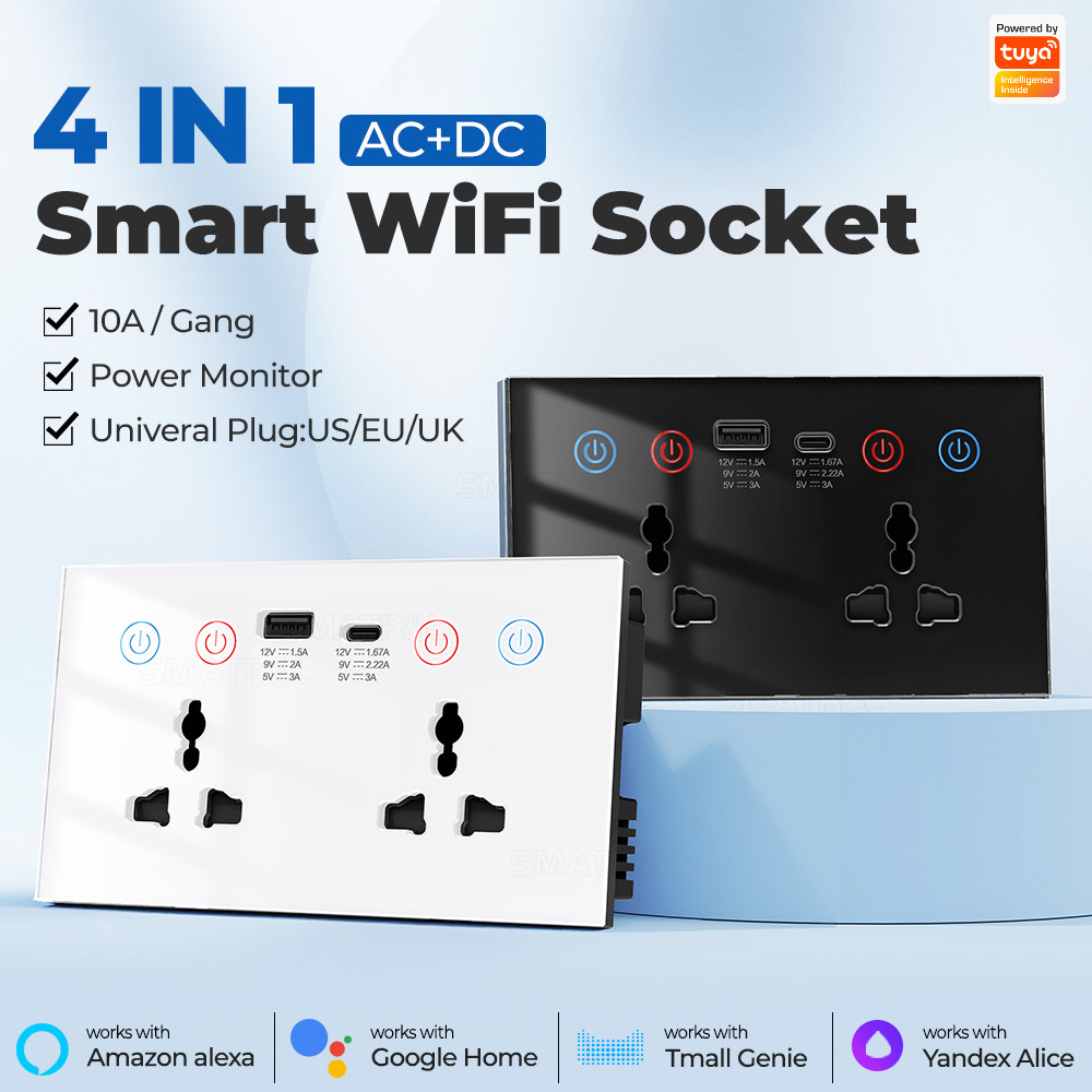 Tuya Smart Wall Socket voice control WIFI Alexa Power Monitor Home Automation US EU UK Plug USB Type-C socket 10A