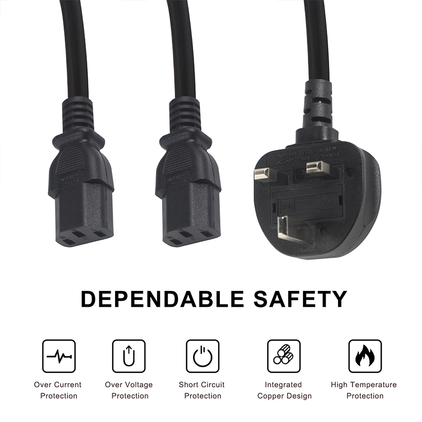 BSI Approved Y Branch Extension Cable UK 3Pin To IEC C13 Female Socket Supply Cord