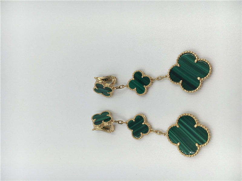 Paris Luxury Gold Brand VCA Magic Alhambra earrings 3 motifs malachite 18K yellow gold jewelry