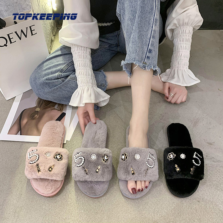 Bead Decoration Ladies Fluffy Sliders With PVC Outsole