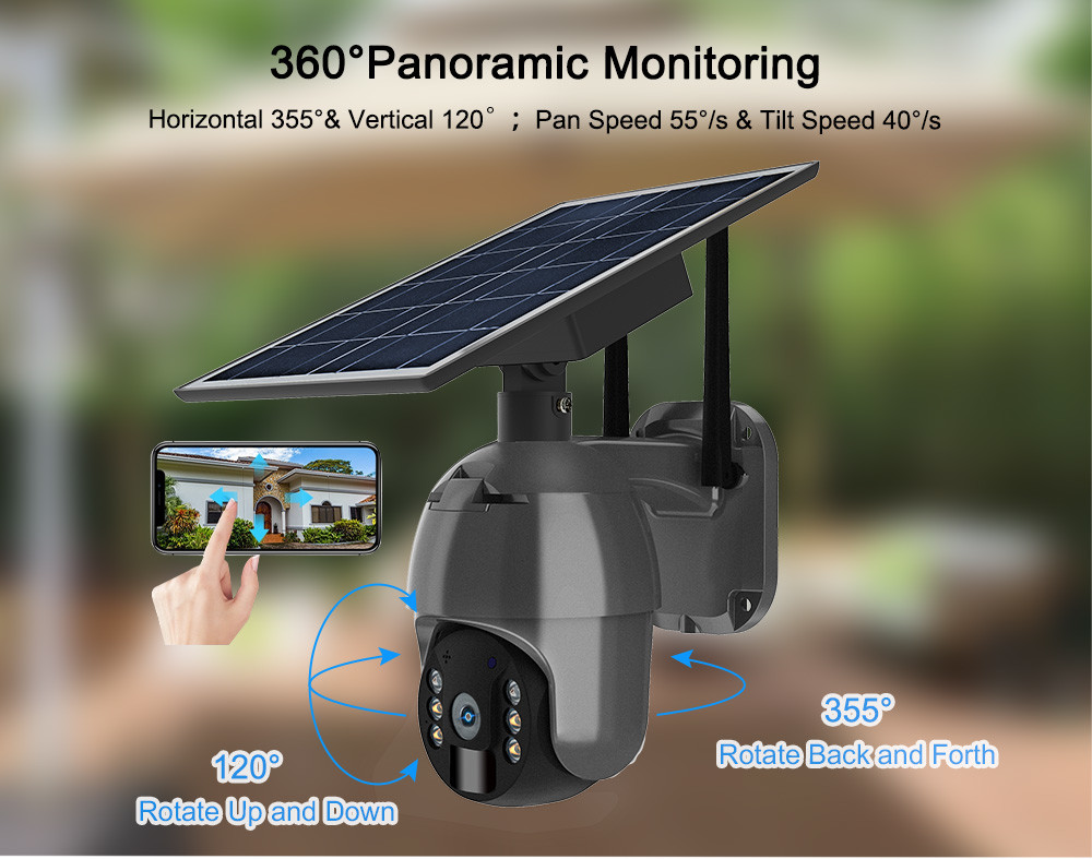 PIR Motion 3G 4G PTZ Camera 4MP 4G Solar Security Camera 360 View Color Night Vision