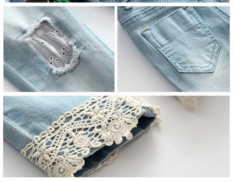 Light Blue Slim Fit Girls Adjustable Waist Jeans Pant With Lace On Hem