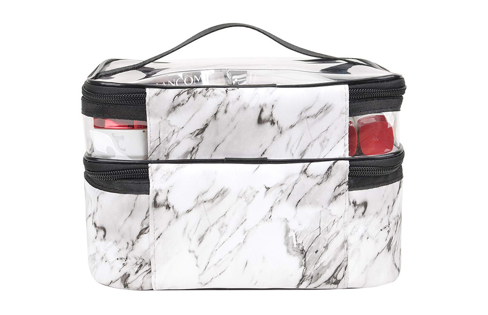 White Marble Double Layer Travel PU Leather Cosmetic Cases