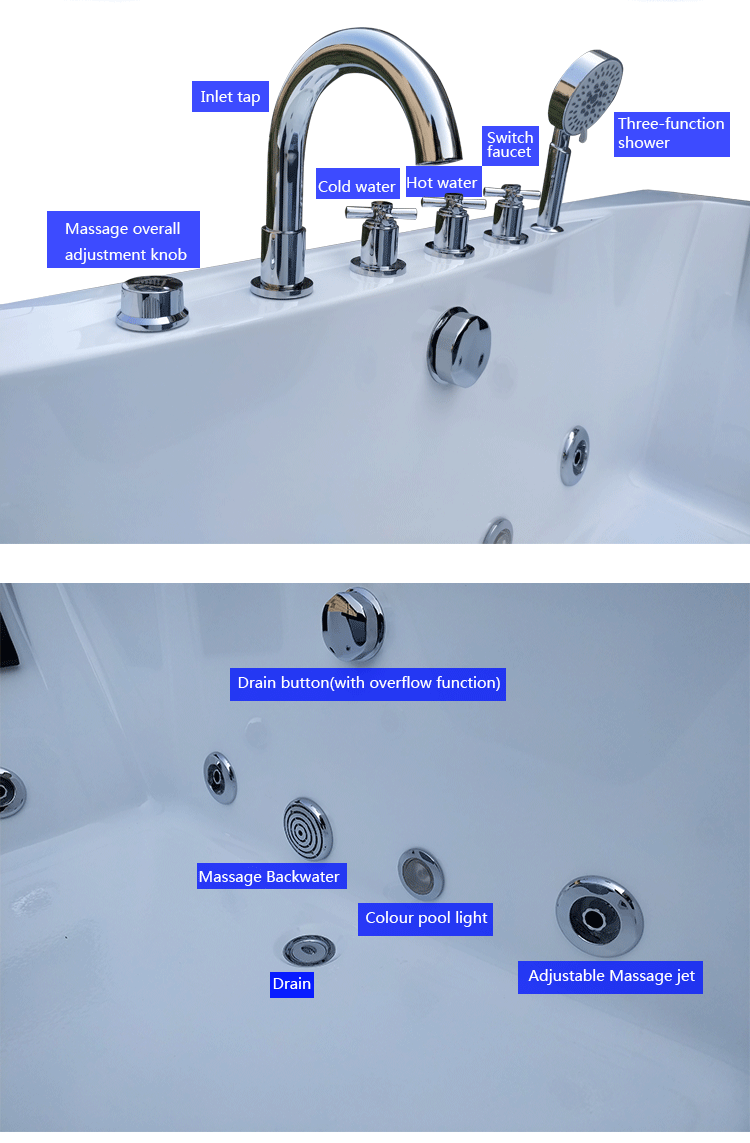 1.7m Acrylic Waterfall Whirlpool Bathtub Freestanding Two Person Equipment