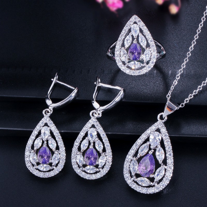CZ charm pendant necklace dainty jewelry Water Drop Necklace and Earring Sets Big Wedding Jewelry Sets For Brides