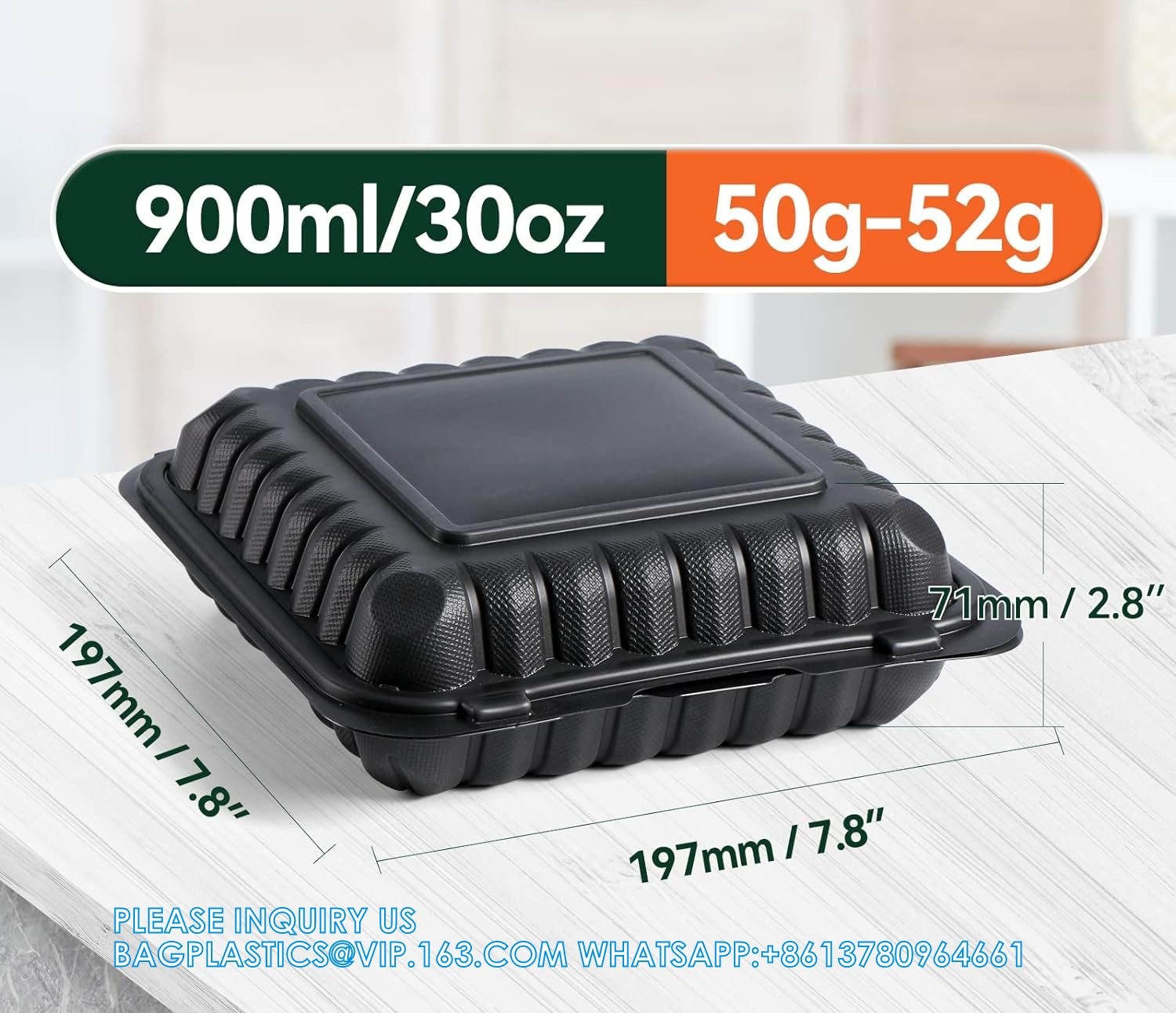 Meal Prep Containers, 65 Pack Clamshell Food Containers 7.8 Inch Black 3 Compartment To Go Containers