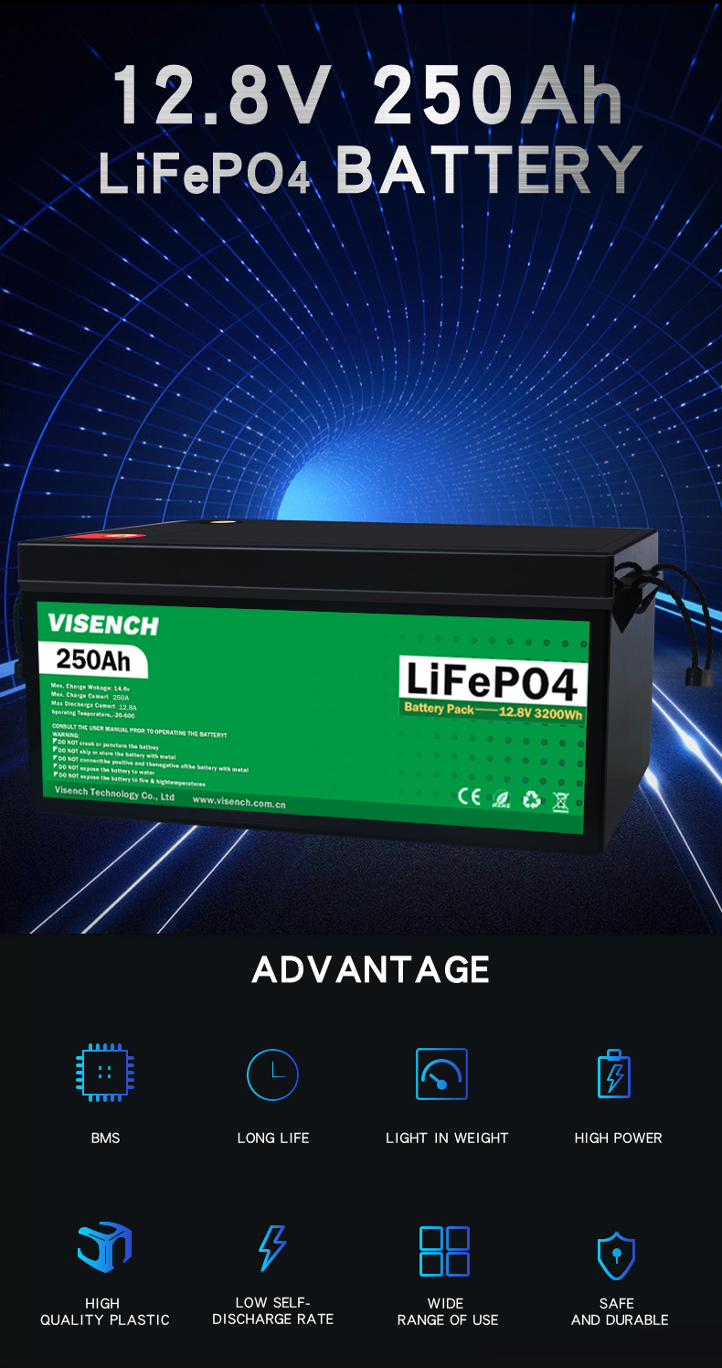 Visench Deep Cycle Storage Energy System 12V 250Ah LiFePO4 Rechargeable Lithium Iron Phosphate Battery