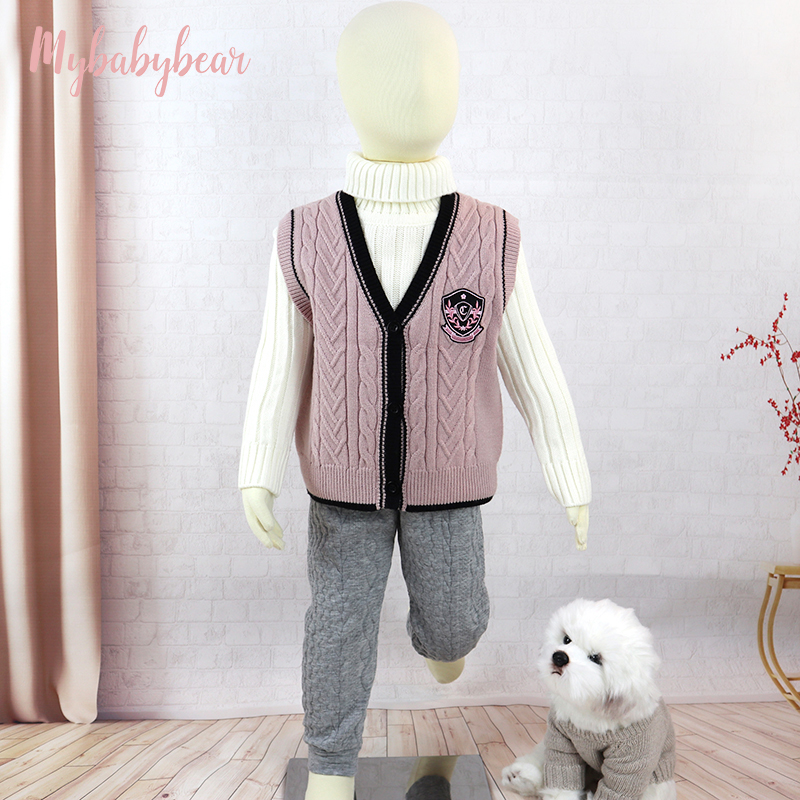 OEM Customized Kids Autumn Winter Children Patch Buttons V-neck Knitted Cardigan Sweater Boys Girls Vest
