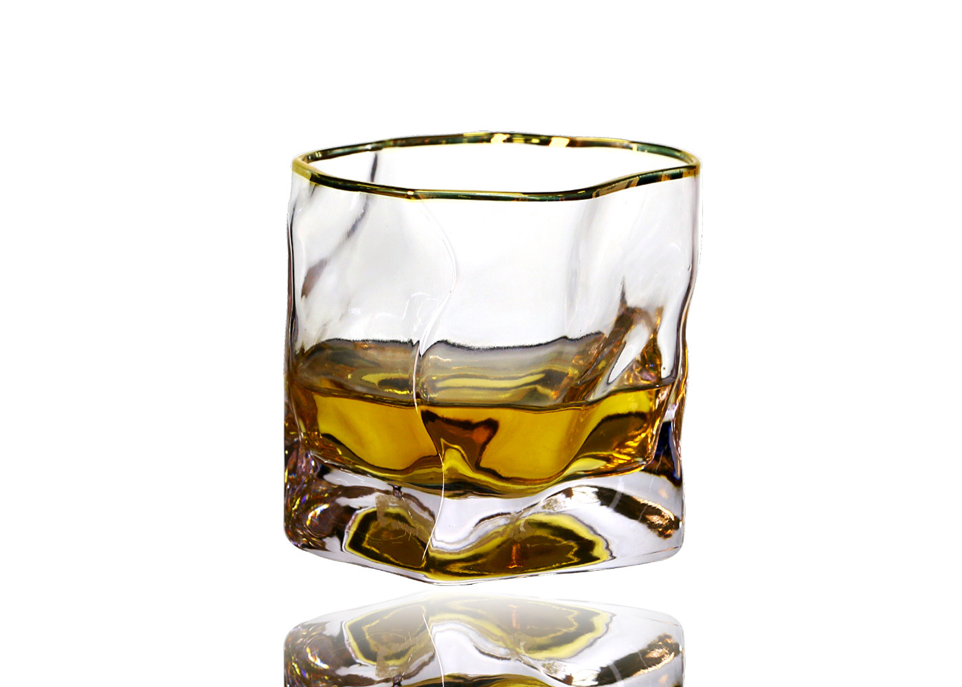 Golden Rim Hand Blown 95mm 7 Oz Twist Whiskey Glasses Irregular Shape, Lead Free Crystal Whiskey Glasses