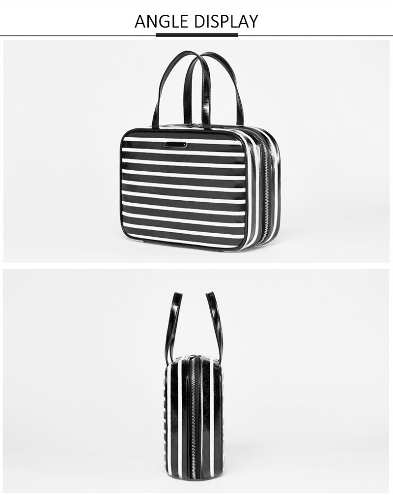 Custom Wholesale Black White Stripe Makeup Cosmetic Bag With Zipper