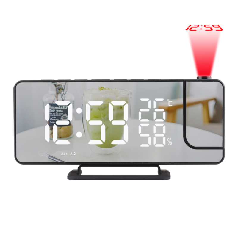 Student Desktop Room Thermometer LED Projection Alarm Clock With Makeup Mirror