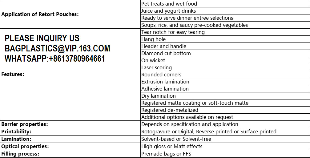 Stand-Up Retort Pouch, Retort Bags, Boiling Package For Retort For Meat Vegetable Soup