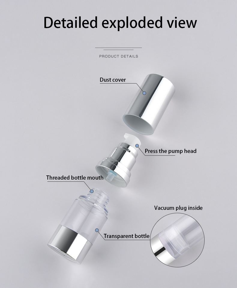 Plastic Clear White Silver Overcap Airless Cosmetic Bottles Packaging For Lotion 10ml - 30ml