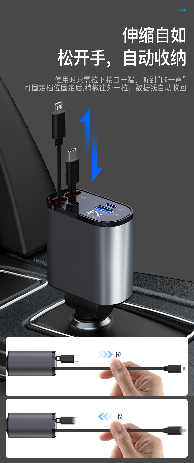 Compact 139*65*34.5mm Car Charger with 2 USB Part Output 5V/2.4A