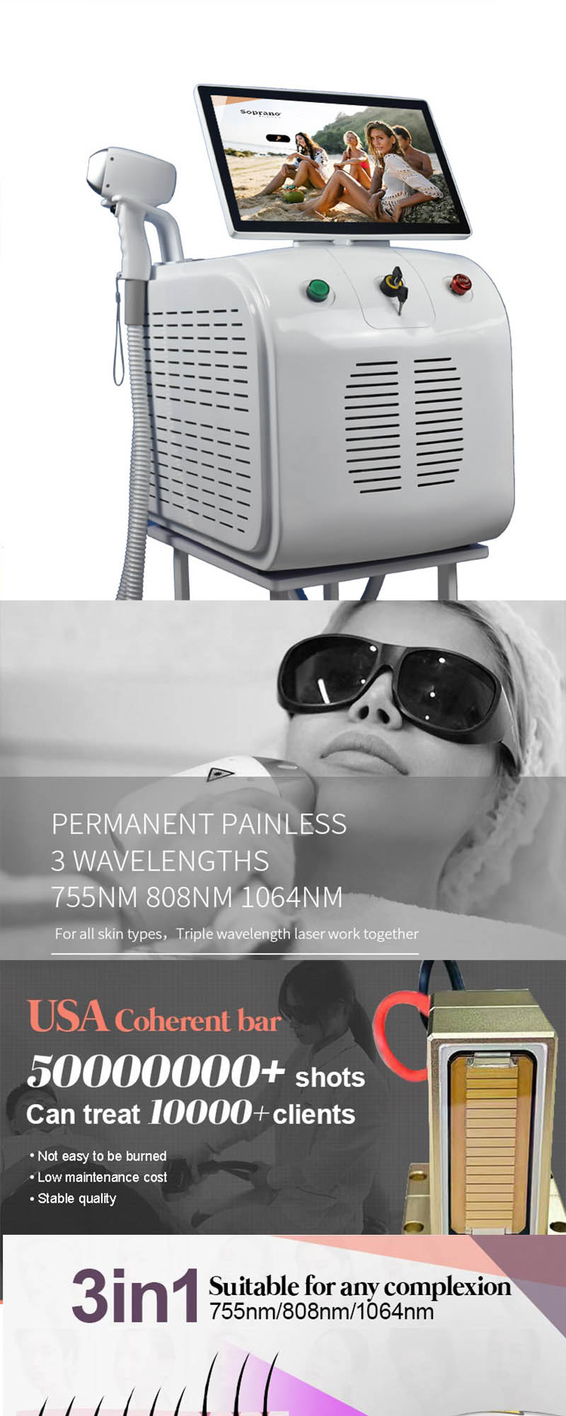 4 In 1 Diode Laser Hair Removal Machine 755 808 1064 Skin Rejuvenation