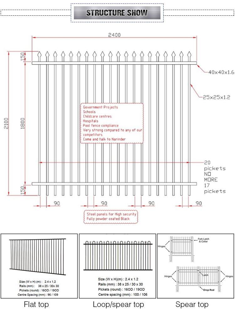 House Used Powder Coated Steel Wrought Iron Fence