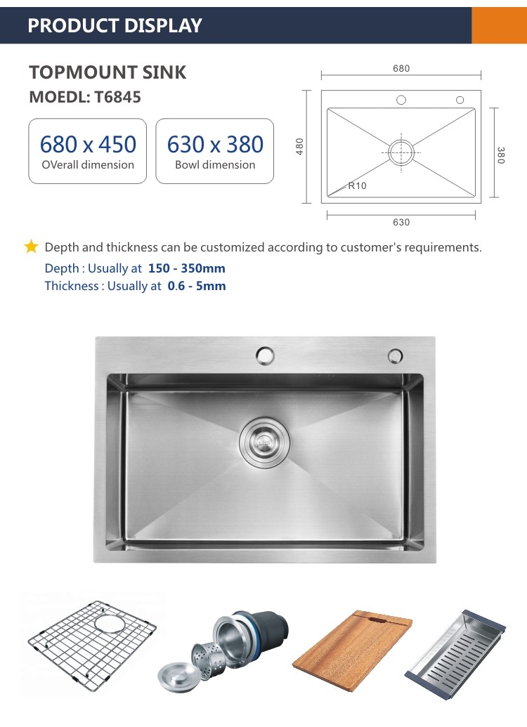 Topmount Stainless Steel Kitchen Sink Rectangular Single Bowl 18 Gauge 68x45