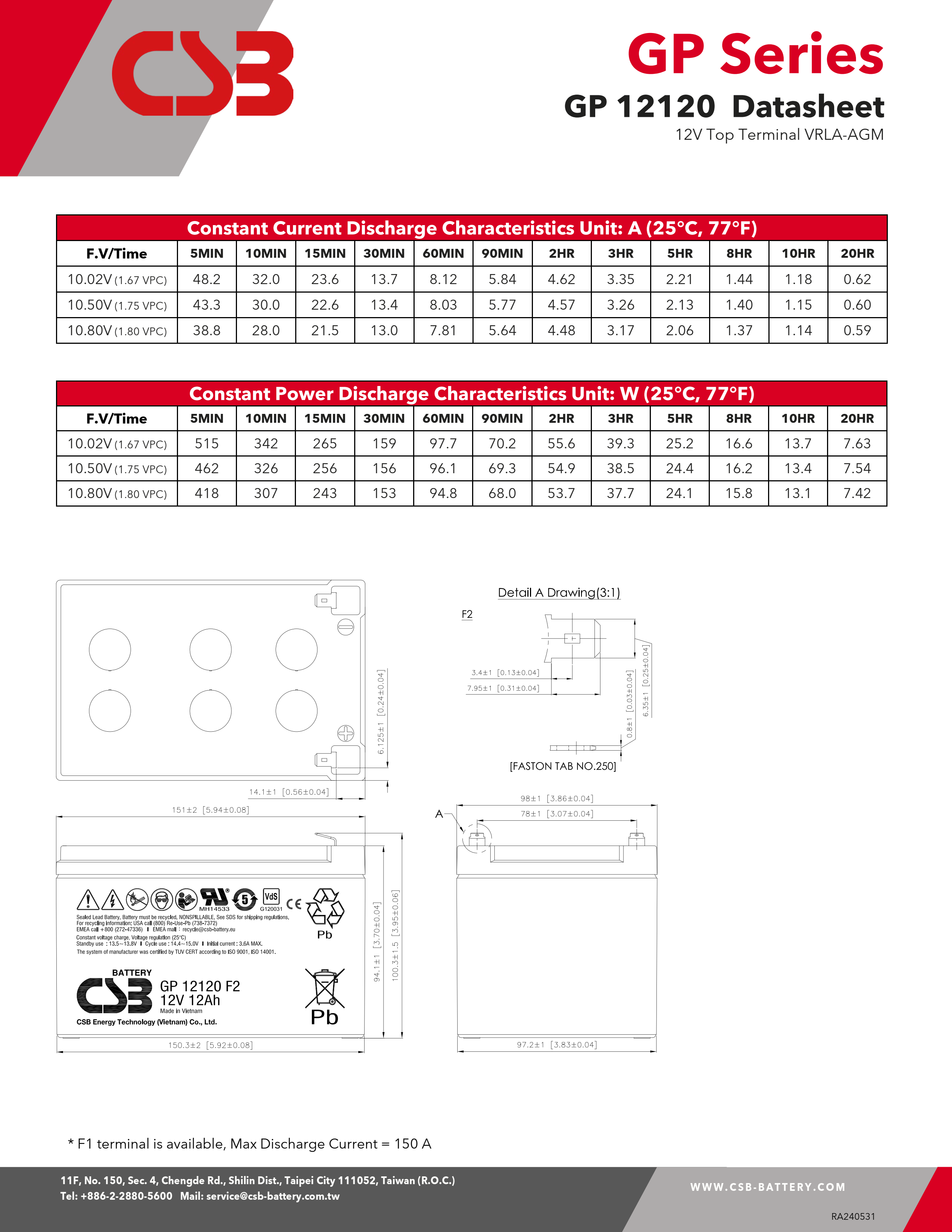 CSB Battery GP12120 12V 12Ah High Performance Rechargeable Maintenance-Free AGM Battery
