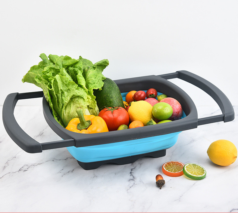 Silicone Collapsible Colander Strainer Over Sink Vegetable/Fruit Colanders Strainers (6Quart) With Extendable Handle
