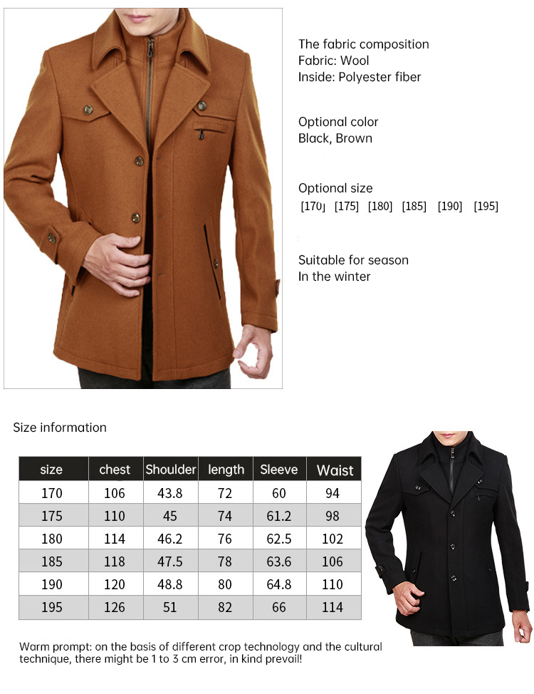 Men's Wool Cloth Thicken Coat with Full Size and 100% Polyester Filling Material