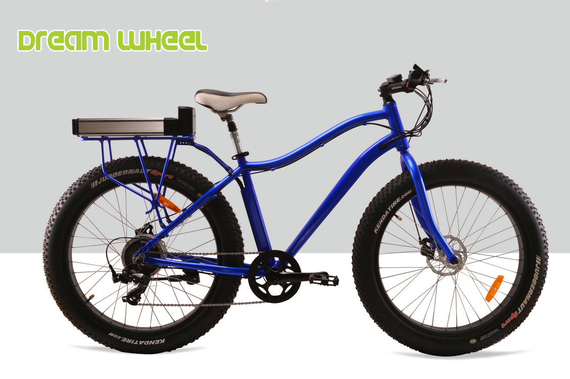 Blue Electric Fat Tire Beach Cruiser Bikes Shimano 6 Speed Snow Road