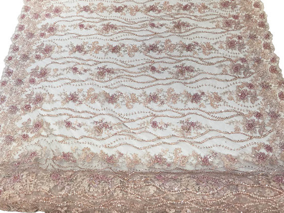 47 Inch Pink Embroidered Heavy Beaded Lace Fabric By The Yard With Scalloped Edge