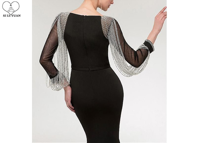 Stretch Fabric Black Long Sleeve Mermaid Prom Dress Tassels Sleeves Sweep Train