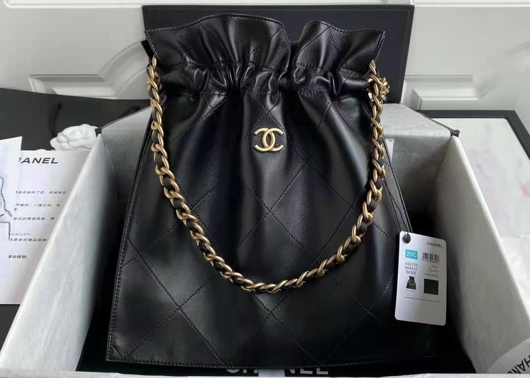 Bucket Genuine Leather Shoulder Handbag , 30cm Black Chain Handbag