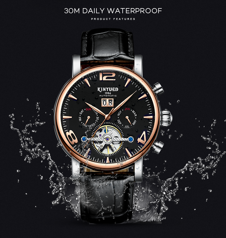 Auto Date Mens Mechanical Watches Black Genuine Leather Wrist Watch