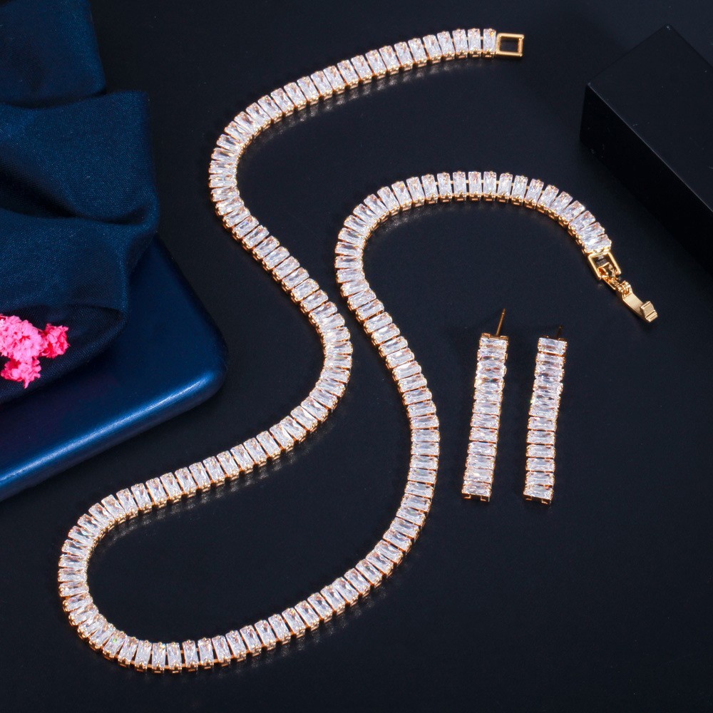 White Gold Color Luxury Bridal CZ Crystal Necklace Dark White Crystal CZ Necklace Earring Silver Wedding Jewelry Sets
