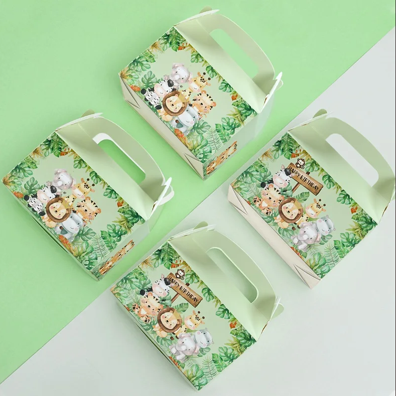 Custom Animal Print Handle Paper Box for Kids' Jungle Theme Birthday and Baby Shower