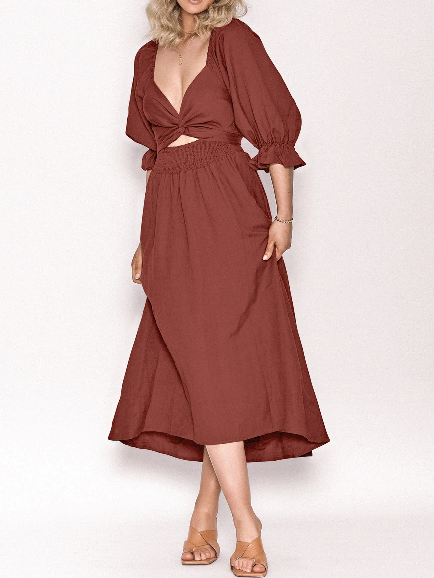 Short Sleeve V-Neck Dresses For Ladies Casual Dresses Knee-Length