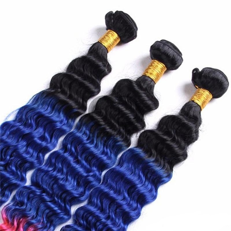 #T1B/Blue/Pink Deep Wave Remy Human Hair Bundles Sew In Weave Bundles Brazilian Bundle Deals