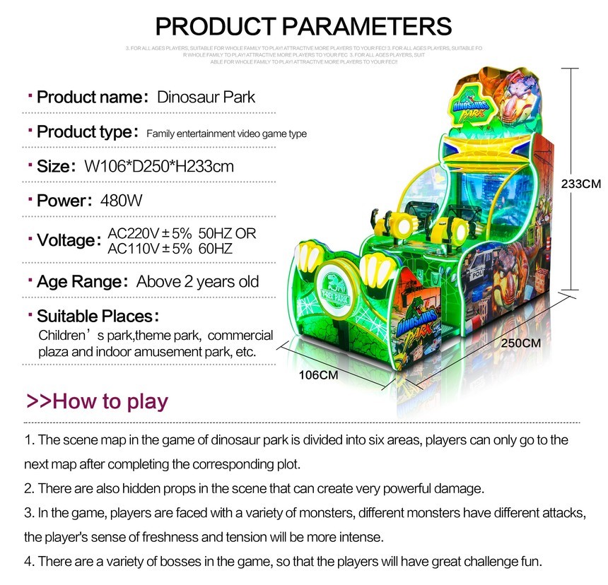 Indoor amusement Dinosaurs Park kids arcade machine, shooting dino lottery game machine