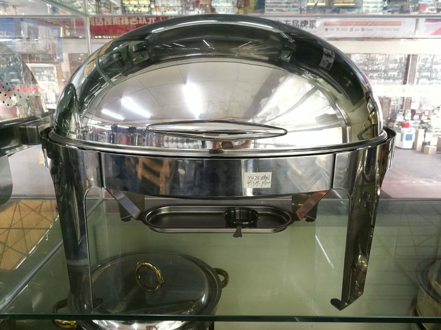 Stainless Steel Oval Roll Top Chafing Dish W/ 6.8L Oval Food Pan W/ Fuel Holder Lid Fully Open at 180°